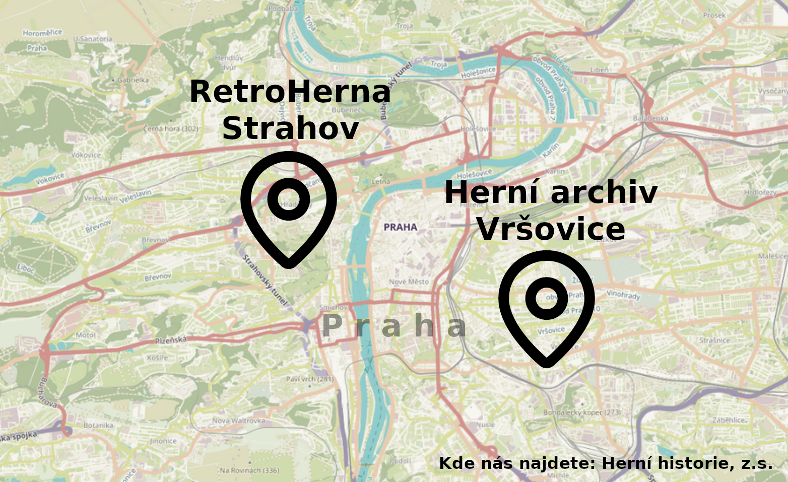 Map of Prague showing the approximate locations of RetroHerna and the Game Archive